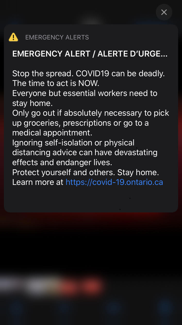 Province-wide Emergency Alert warns Ontarians to stay home
